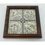 Framed Minton Hollins Tile Decorated with Storks, Kingfisher & Foliage, frame size 7.8 x 7.8cm