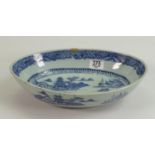 Oval Chinese blue & white bowl: Measuring 30.5cm wide x 7cm high. Small repair to rim and hairline