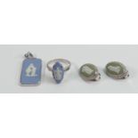 Wedgwood sterling silver jewellery pendant clip earrings and a ring: Overall heights 38mm & 22mm