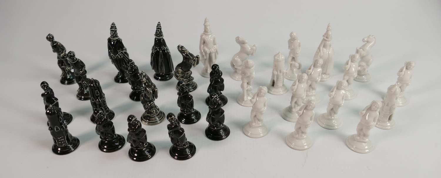 Austrian glazed pottery chess set: Restoration noted to white knight, height of tallest 8cm. - Image 2 of 2