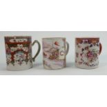 Three Chinese export ware mugs: The mug with boating scene is generally good with tiny chip and