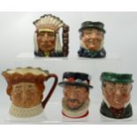 Royal Doulton Small Character jugs: Beafeater, North American Indian, Old King Cole, Mr Pickwick &