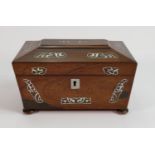 Regency tea caddy and Victorian writing slope: A rosewood inlaid sarcophagus shaped tea caddy 21cm x