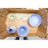 A collection of Wedgwood Blue Jasperware to include: large fruit bowl, flared vase, jug & sage green