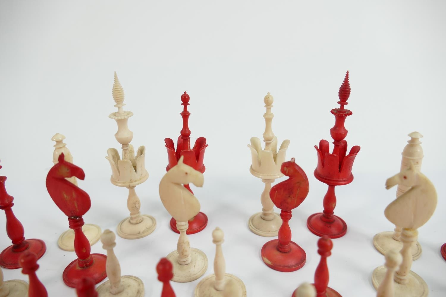 19th Century Finely Carved & Turned Bone Chess Set: damage noted to red knight & white rook, - Image 3 of 5