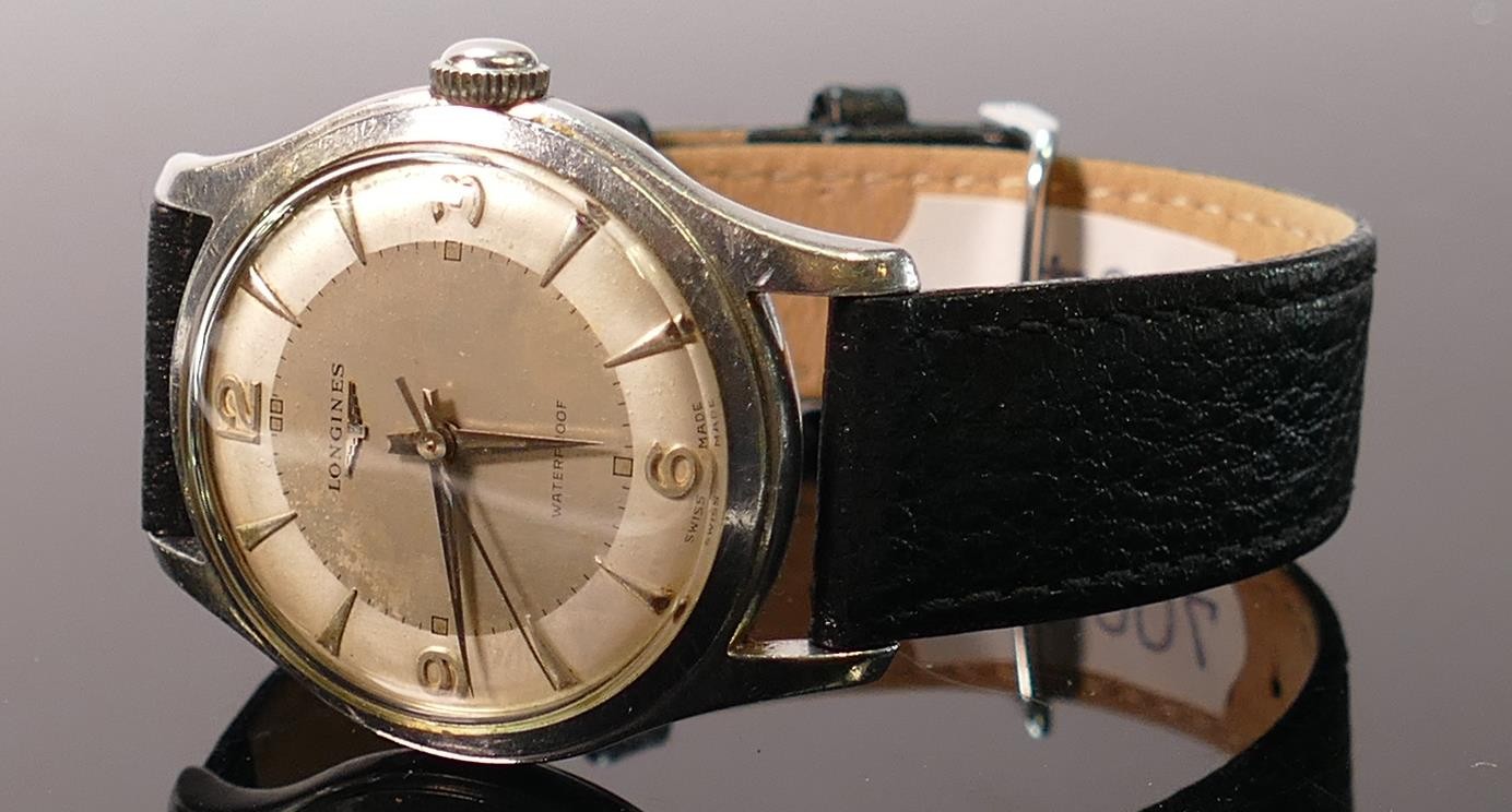 Longines stainless steel 1950s gents wristwatch: Pie pan style dial with leather bracelet.