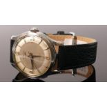 Longines stainless steel 1950s gents wristwatch: Pie pan style dial with leather bracelet.