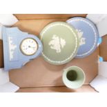 A Collection of Wedgwood items including: Blue Jasperware & Sage Green Mantle Clock, Plates & vase: