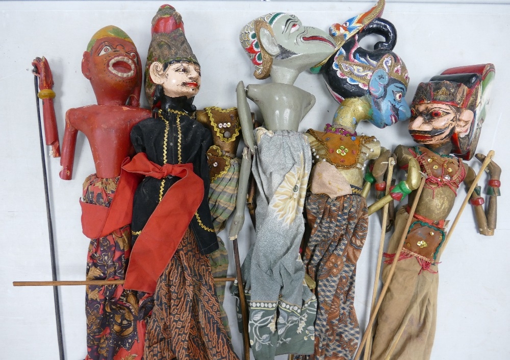 A collection of vintage Indonesian Java Wayang Golek rod puppets: Average height 65cm, many complete