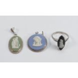 Wedgwood sterling silver jewellery 2 x pendants and a ring: Overall heights 33mm & 36mm appx., UK
