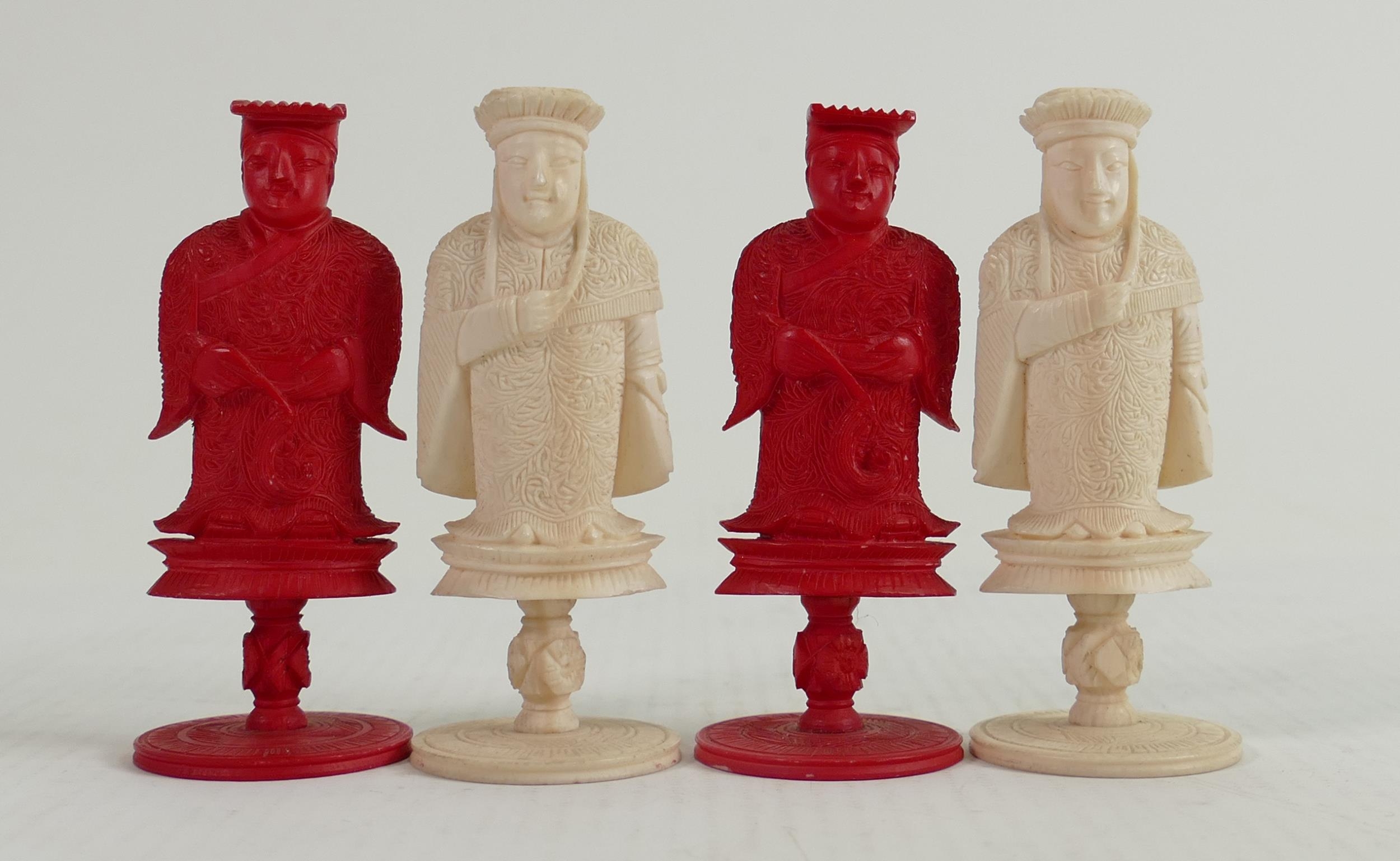 19th / Early 20th Century Carved Ivory Chess set: White Queen missing height of king 9cm