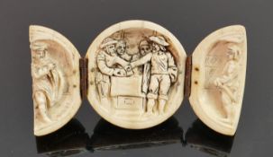 18/19th century Dieppe carved Ivory Triptych with Medieval scene: Diameter 5cm. Please note that