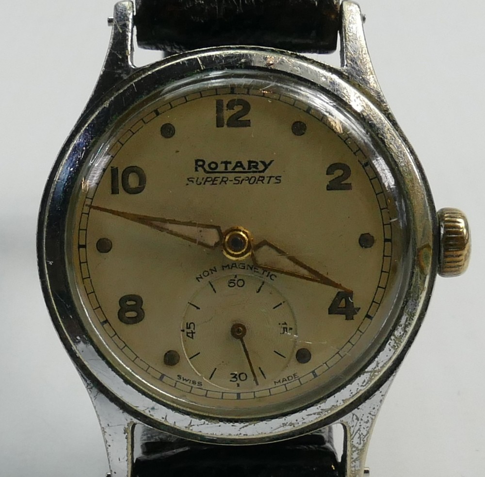 Rotary 1940/50s Super Sports stainless steel wristwatch: Mechanical movement with leather strap,