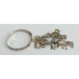 Silver charm bracelet and bangle, 57g: