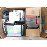 A mixed collection of items to include: Zenith cased binoculars, Canon Sureshot Camera, video's