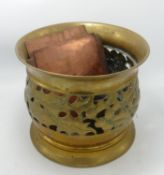 Victorian Brass Planter Decorated with leaves: together with similar jug & 3 copper printing