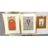 Pair of Chinese prints, and smaller oriental print in maple frame. Pair measuring 46cm x 36cm (3)
