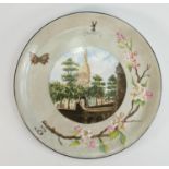 Large Victorian hand decorated charger with landscape scene in floral border: Marked BB to rear,