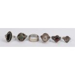 Five vintage ladies silver rings: four set with semi precious stones, gross weight 17.8g.