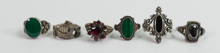 Six vintage ladies silver rings: five set with semi precious stones, gross weight 25g.