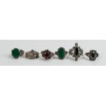 Six vintage ladies silver rings: five set with semi precious stones, gross weight 25g.