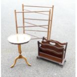 A collection of items to include: early pine laundry stand, later magazine rack & small table(3)