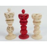 A collection of early Bone Chess Pieces: tallest 9cm,damaged crown on white & top pommel of red