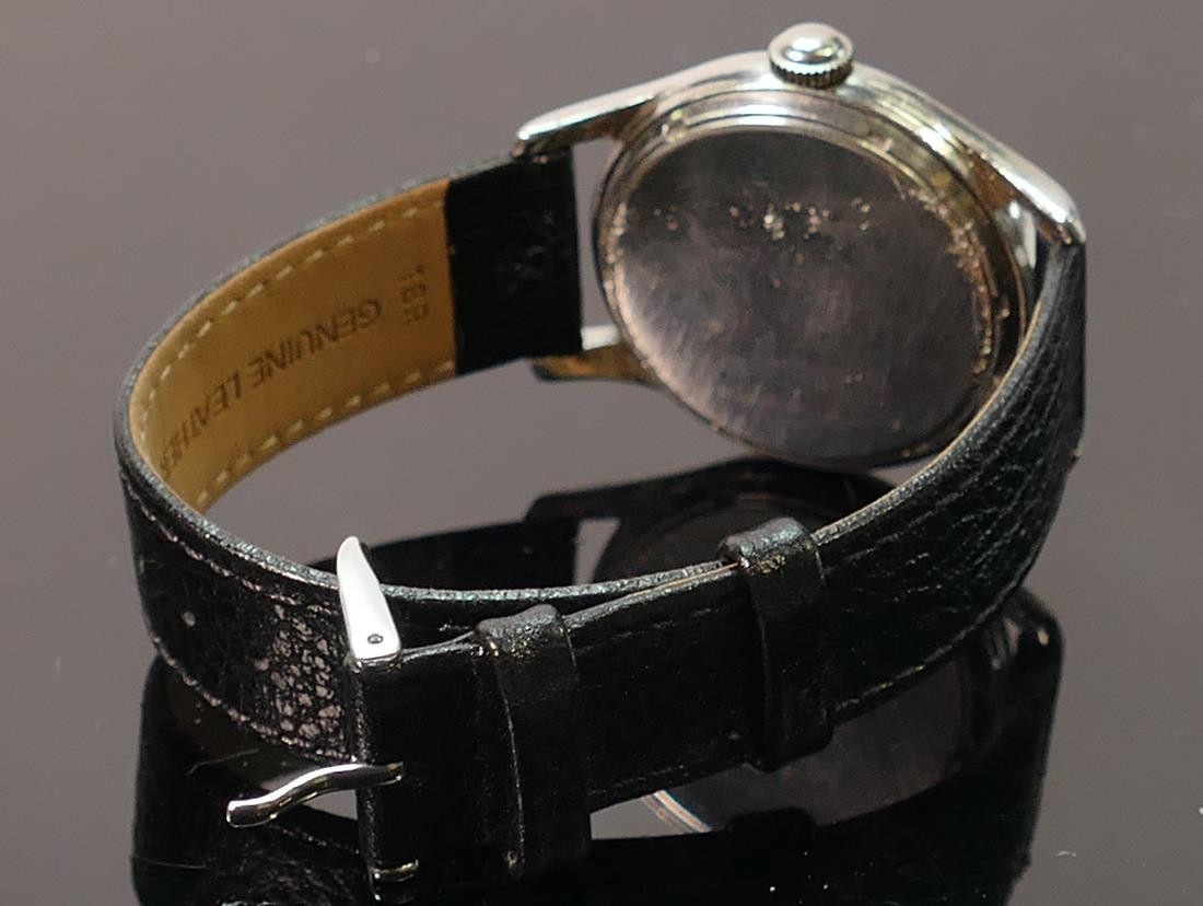 Longines stainless steel 1950s gents wristwatch: Pie pan style dial with leather bracelet. - Image 2 of 3