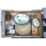 A mixed collection of items to include: Art Deco Mirror Framed Figurine , small gypsy table, glass