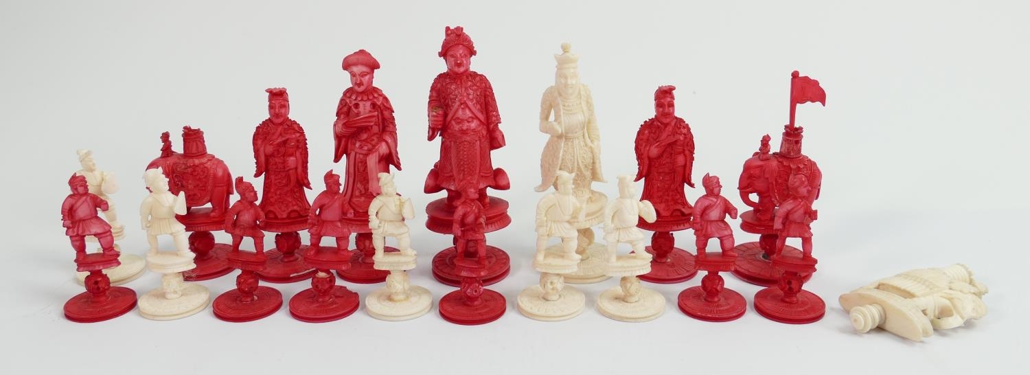 A collection of early Bone Chess Pieces: tallest 9.5cm , flags missing from Rooks & spears missing