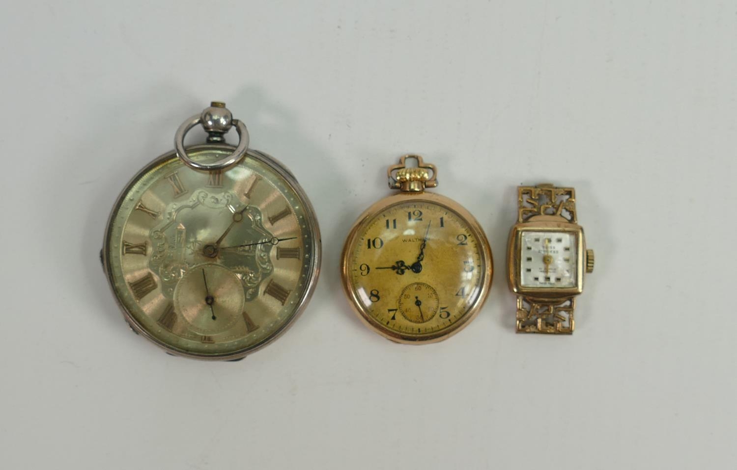 2 x 9ct gold watches and a silver pocket watch: Waltham 10k gold pocket watch, not working, repair