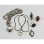 A collection of vintage silver jewellery: including chains, rings etc, 57g: