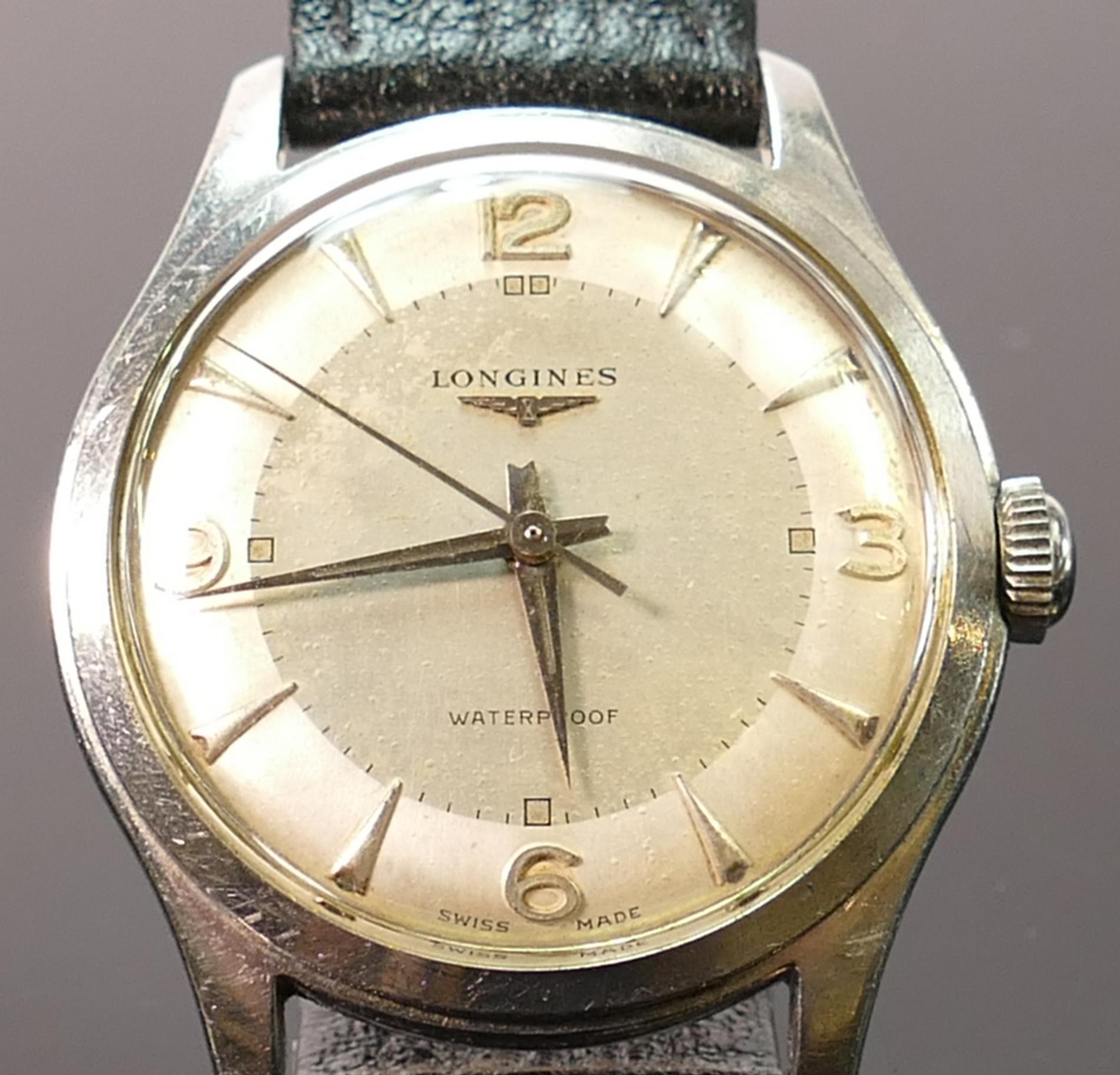 Longines stainless steel 1950s gents wristwatch: Pie pan style dial with leather bracelet. - Image 3 of 3