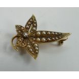 15ct gold Victorian diamond & pearl brooch: Together with a 9ct gold clip. Brooch marked 15ct,