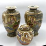 Three Japanese Satsuma Type Decorated Stoneware items: to include Vases & Ginger jar( lid damaged)