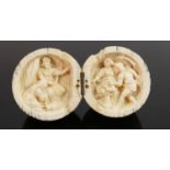 18/19th century Dieppe carved Ivory Diptych with religious scene: Diameter 5.5cm. Please note that