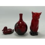 Royal Doulton Flambe Seated Cat, Duckling & Woodcut vase: chip to cats ear, height of tallest 13cm