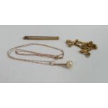 Assorted 9ct gold jewellery: Includes 9ct gold brooch marked 9ct, bracelet tested as 9ct gold, and