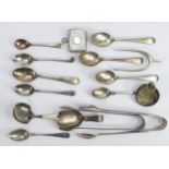 Good collection of silver items; Including Georgian & Victorian caddy spoon, sugar tiongs & nips,