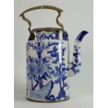 Large Chinese Blue & White Teapot with Brass Fittings: height 27cm