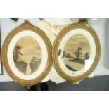 Two Large Mid Century Oval Chinese Landscapes: frames damaged in parts, height 69cm(2)