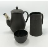 Wedgwood Black Basalt Teapot, Water Jugs & Tea Bowl: height of tea pot 18cm(3)