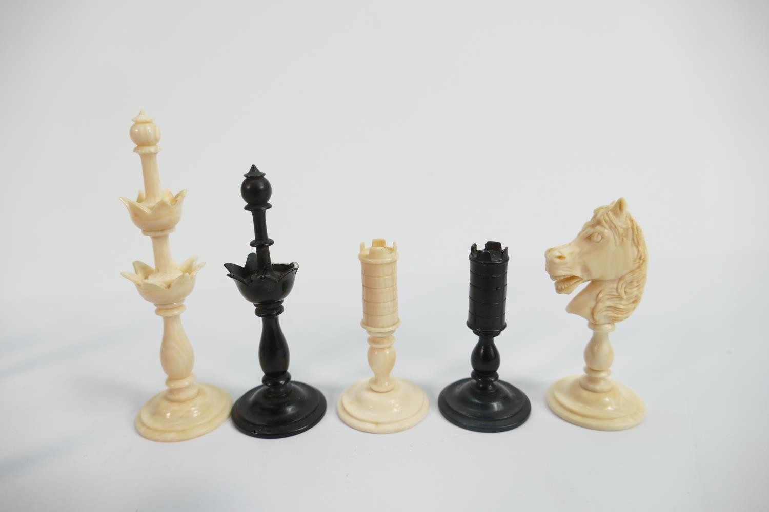 Finely Carved Ivory Part Chess Set: two black knights missing, damaged Black King & Queen, height of - Image 3 of 3