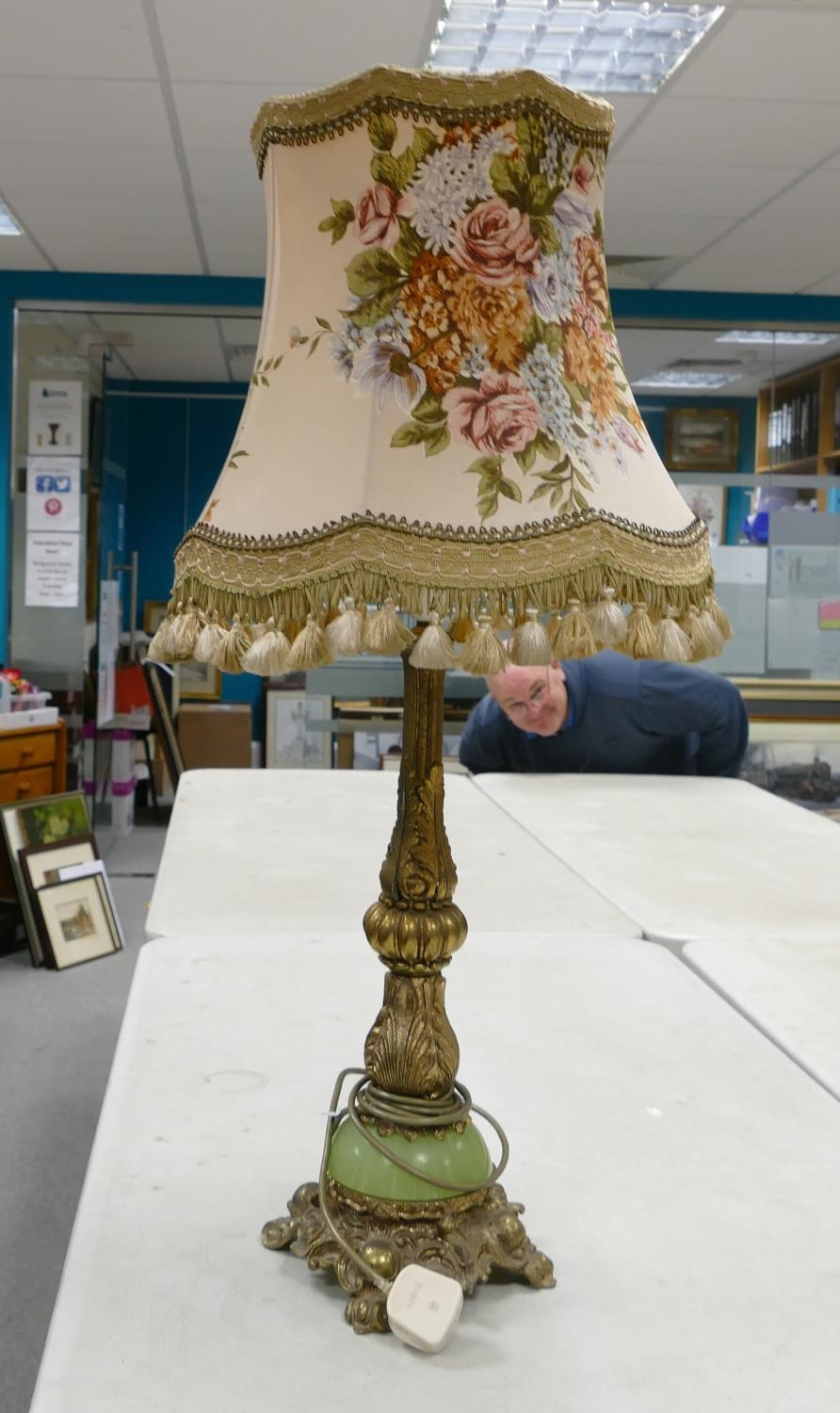 Mid Century Onyx & Brass Large Table Lamp: with shade
