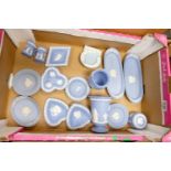 A collection of Wedgwood jasperware to include: vases, pin trays, table trays, miniature jugs etc