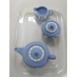 Wedgwood Blue Jasperware Miniature Teapot, Cream & Sugar bowl: