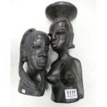 Two Wooden African carved busts: height of tallest 30.5cm(2)
