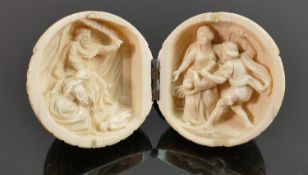 18/19th century Dieppe carved Ivory Diptych with religious scene The Birth of Jesus: Diameter 6cm.
