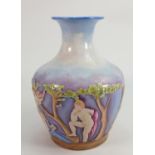 Unmarked Hand Decorated Pottery Vase: with embossed classical decoration, chip to upper lip,