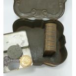 A Mackfarlane & Lang Biscuit tin with WW1 Medal Ancient coin & reproduction medal together with